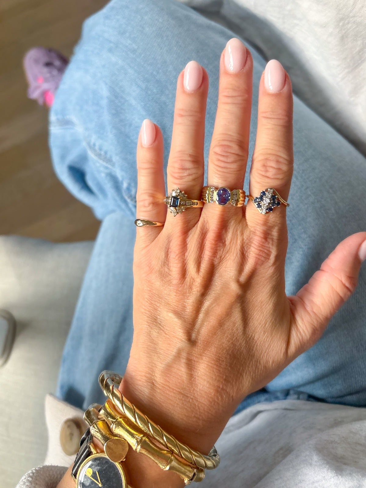 Vintage Natural Sapphire and Diamond Cluster 14k Yellow Gold Ring