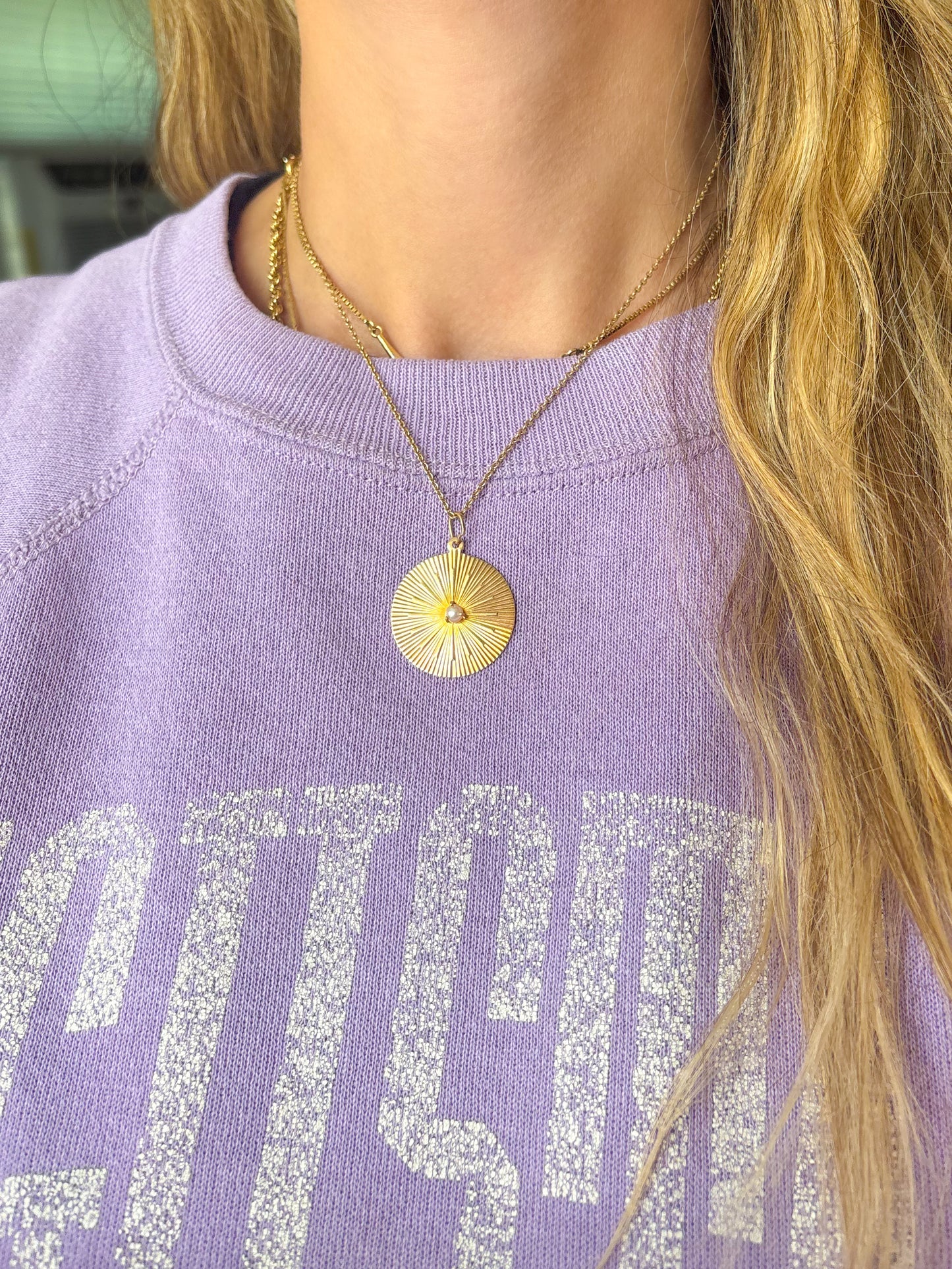 Vintage Engine Turned Disk with Pearl 14k Yellow Gold Charm