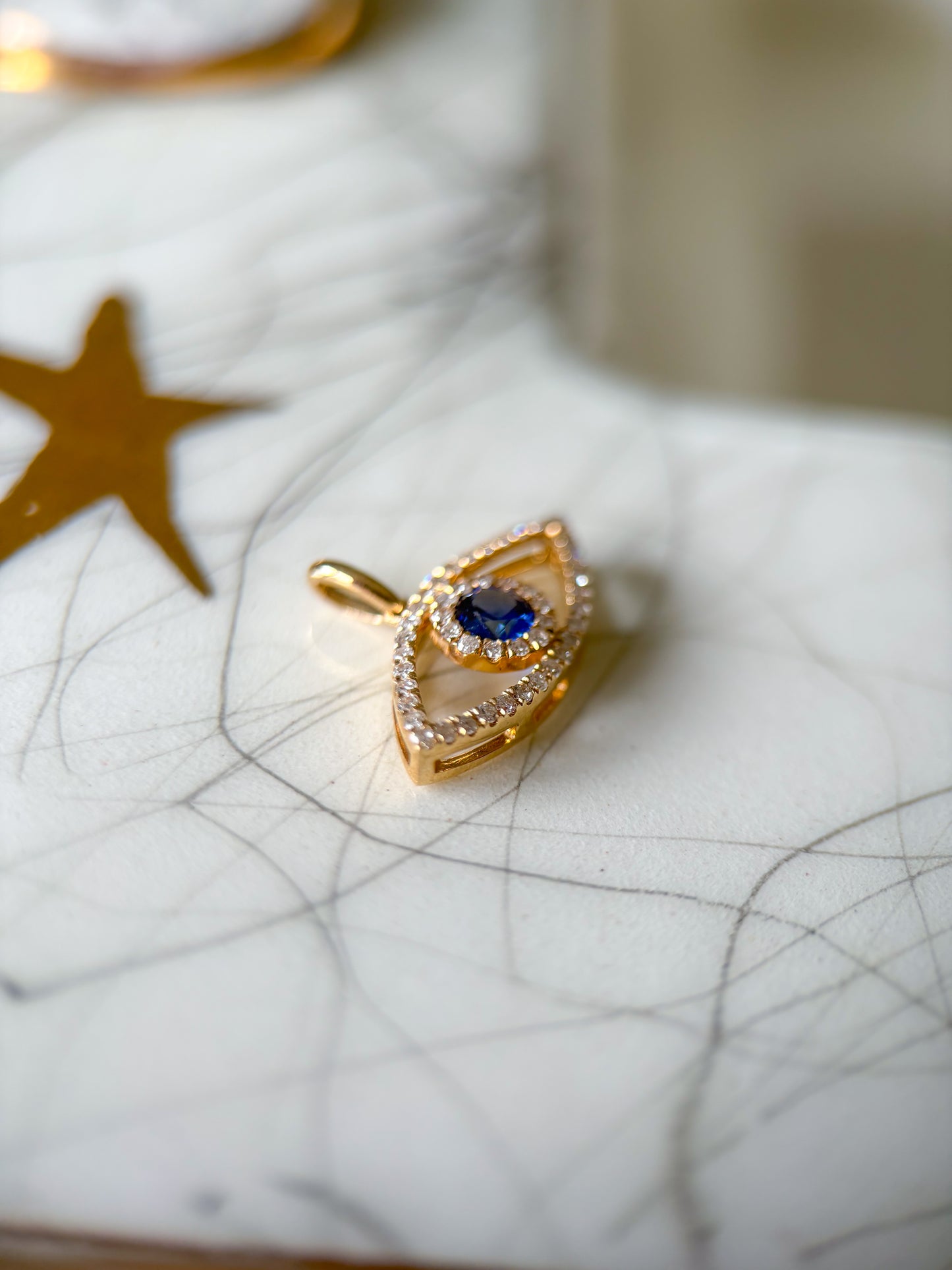 Natural Diamond and Sapphire Evil Eye 14k Yellow Gold Charm