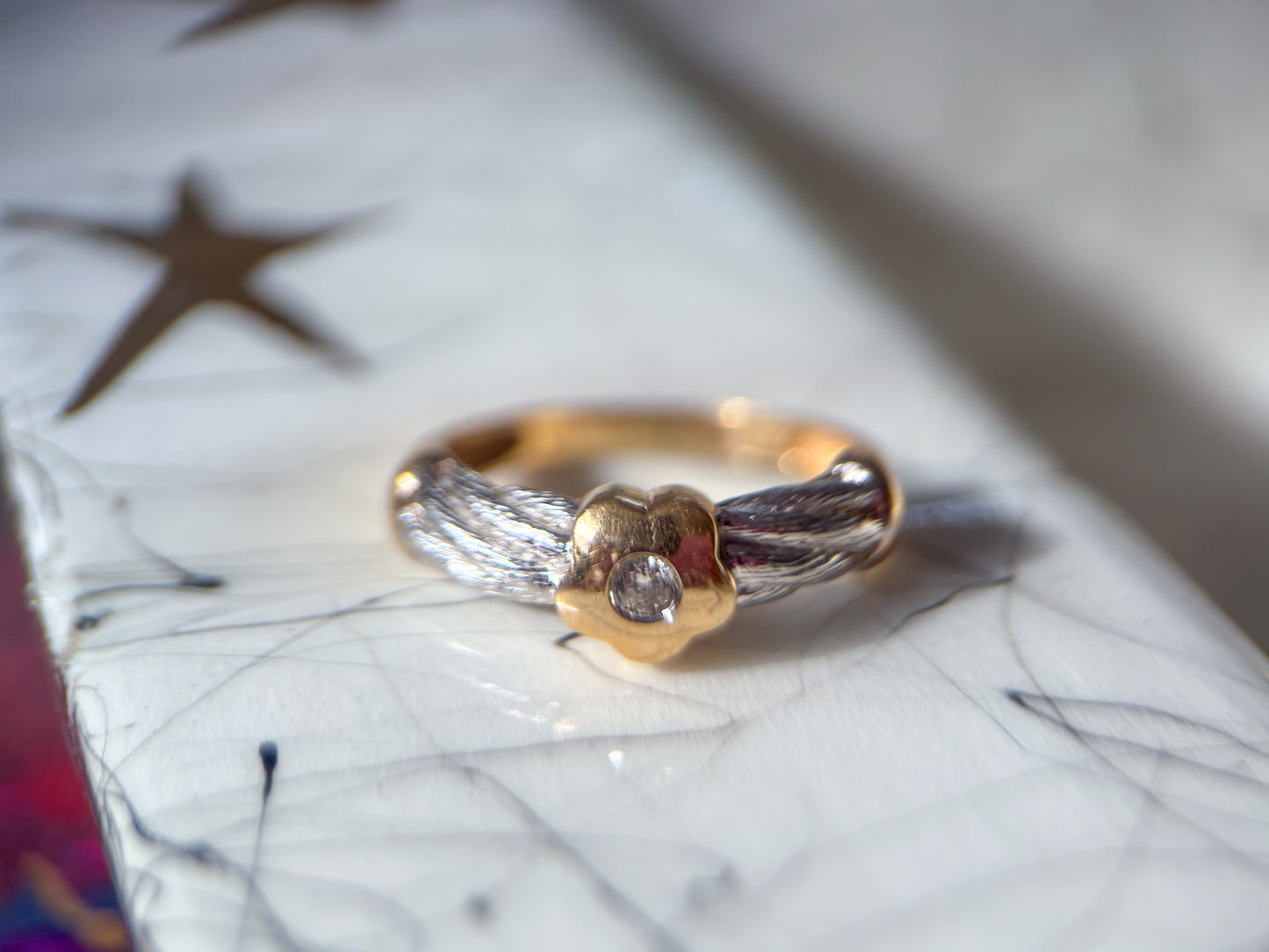 Vintage Flower with Natural Diamond Two Toned 14k White and Yellow Gold Ring