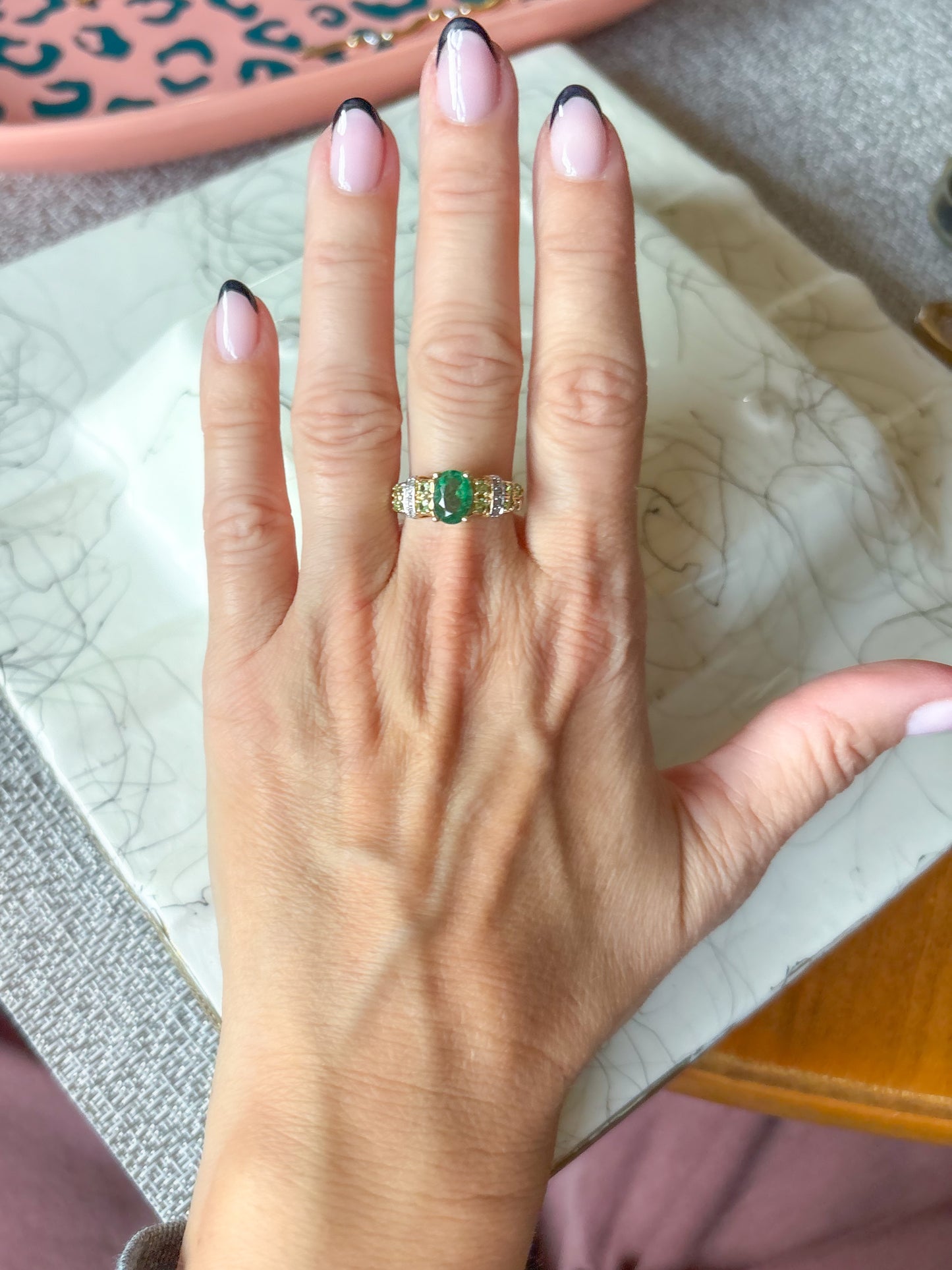 Vintage 14k Yellow Gold Green Stone and Natural Diamond Ring