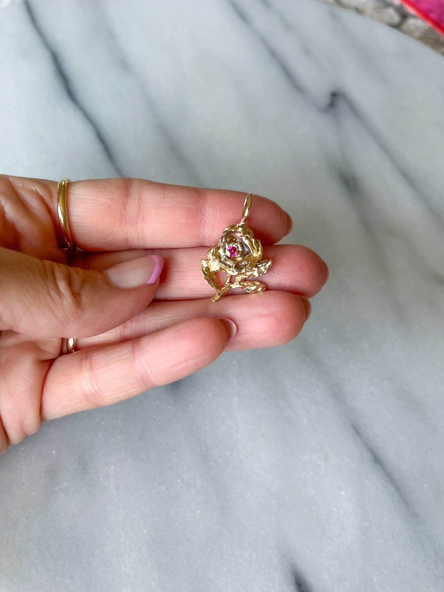 Vintage Rose With Natural Ruby 14k Yellow Gold Charm