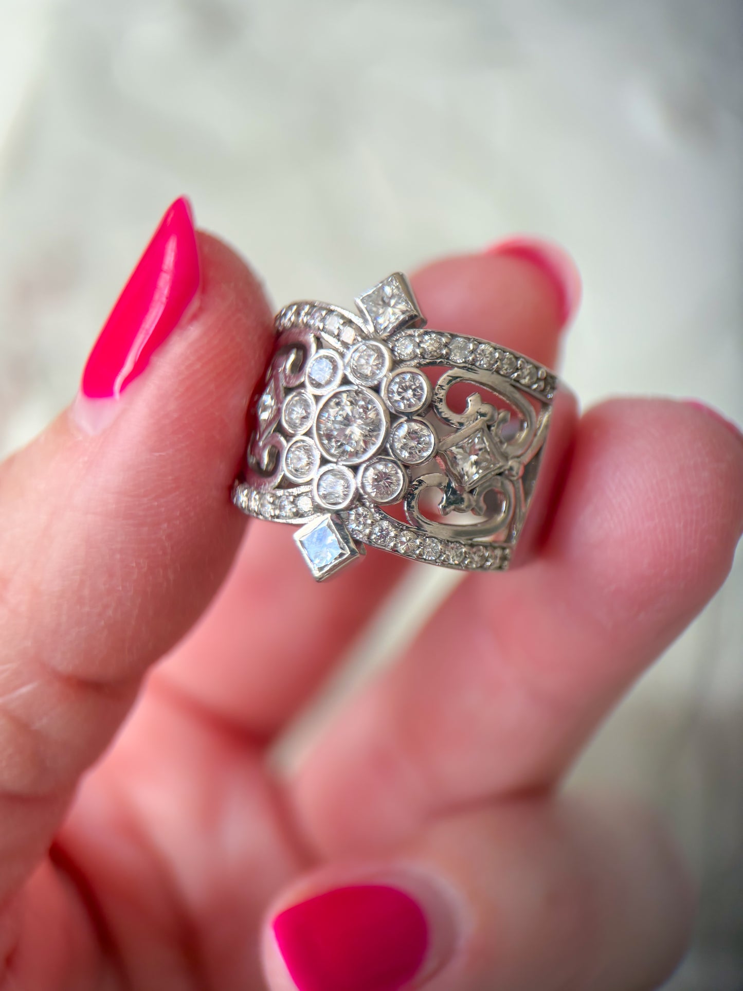 Vintage Natural Diamond 14k White Gold Statement Ring