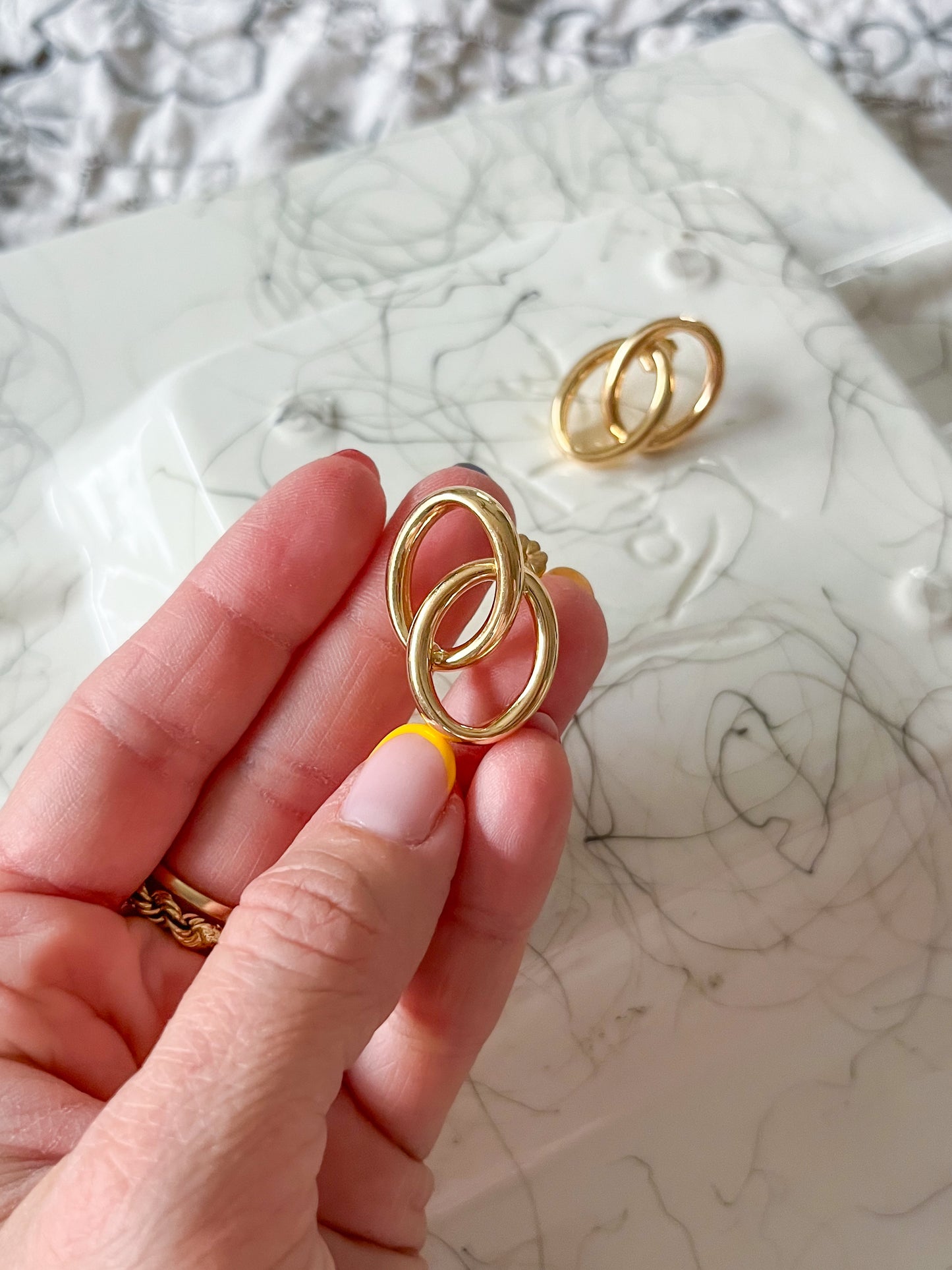Vintage Double Ring Hoop 14k Yellow Gold Earrings