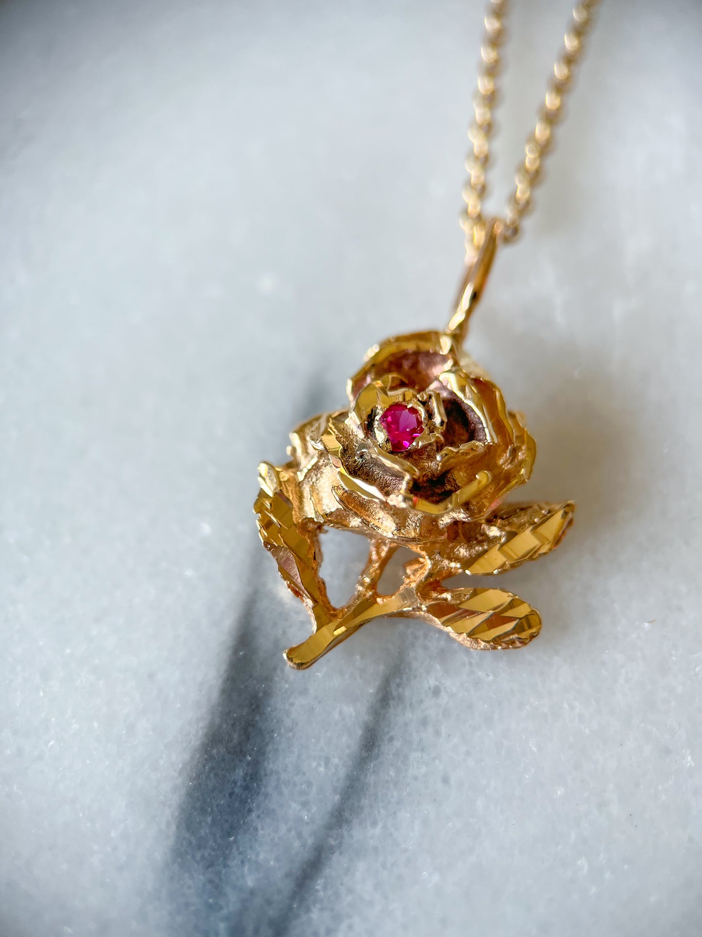 Vintage Rose With Natural Ruby 14k Yellow Gold Charm