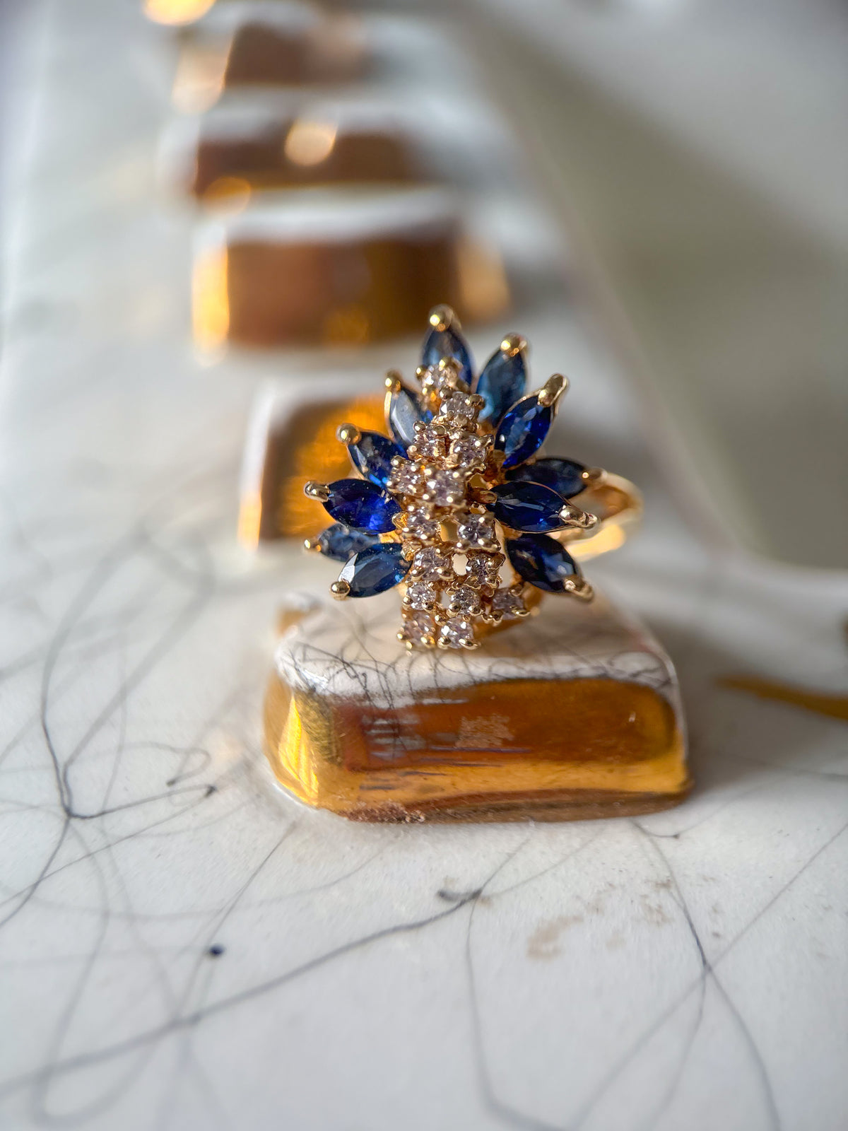 Vintage Natural Sapphire and Diamond Cluster 14k Yellow Gold Ring