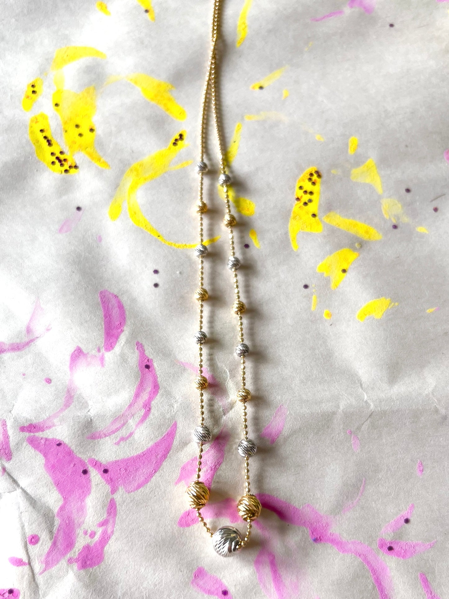 Vintage Two Toned Ball Chain with Two Toned Ball Accents 14k Yellow and White Gold Necklace