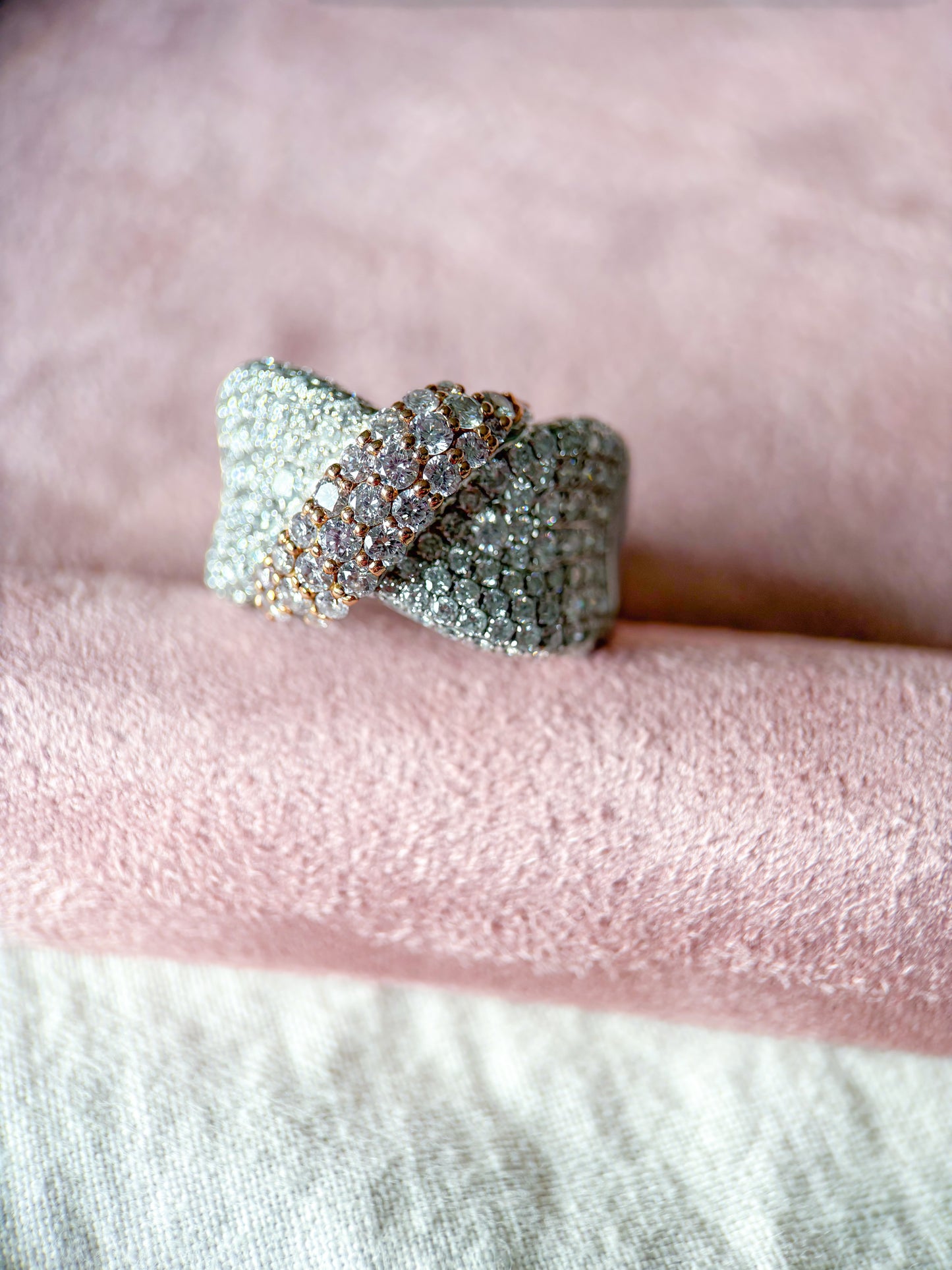 Natural Diamond Ribbon 14k White and Rose Gold Statement Ring