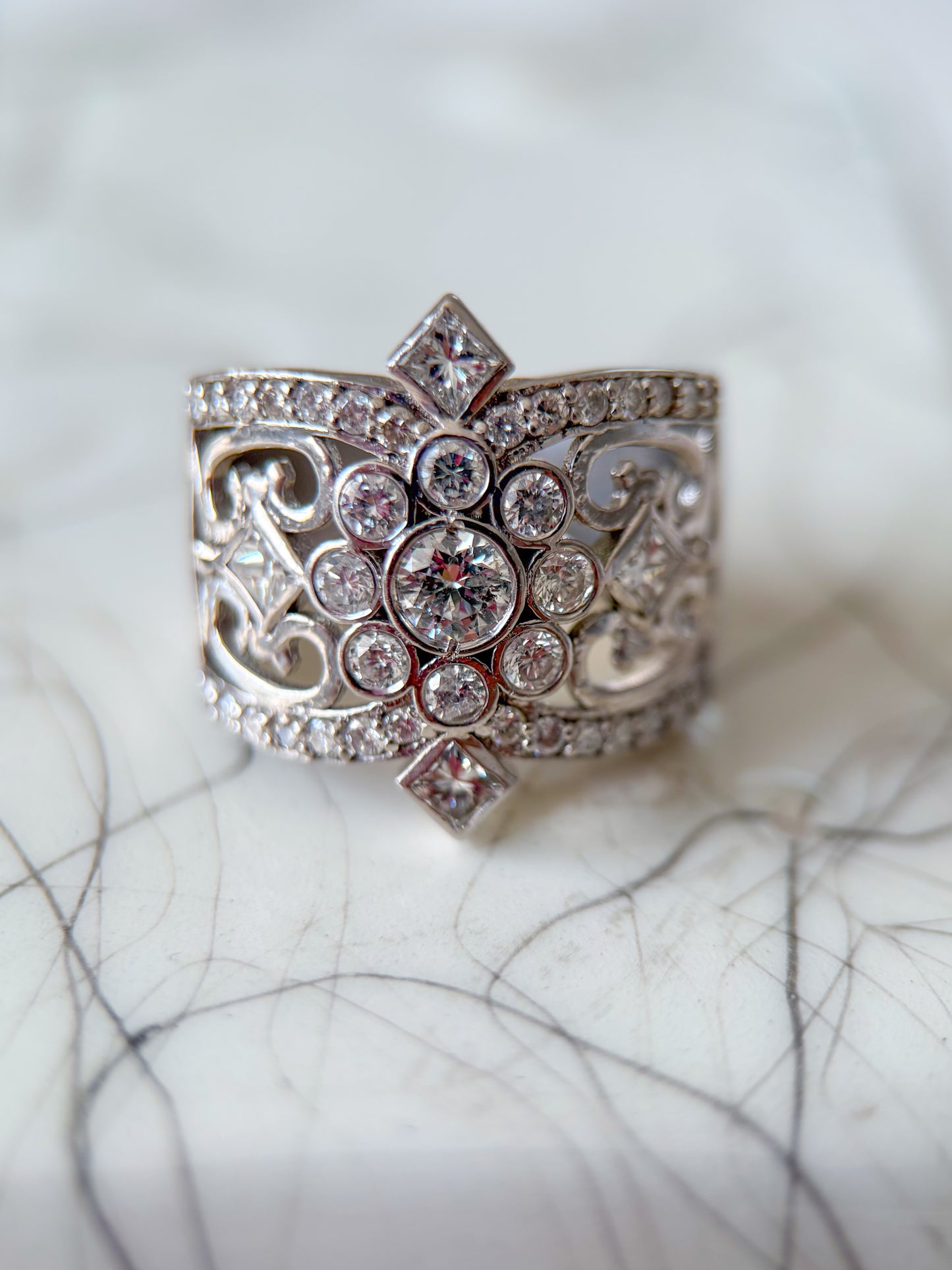 Vintage Natural Diamond 14k White Gold Statement Ring
