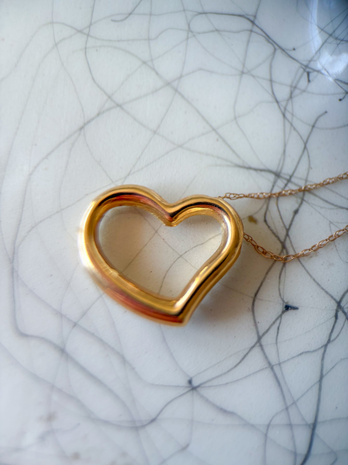 Vintage Puffy Open Heart 14k Yellow Gold Charm on 18 Inch Chain