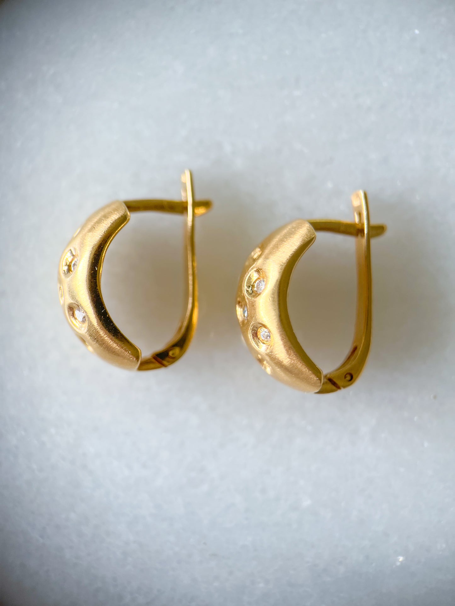 Vintage 14k Yellow Gold Matte Half Hoops with CZ Earrings