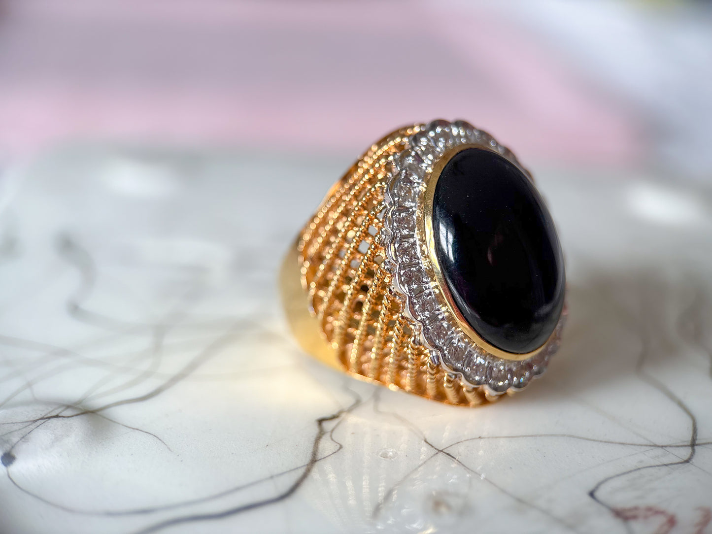Vintage Onyx and Natural Diamond 18k Yellow Gold Statement Ring