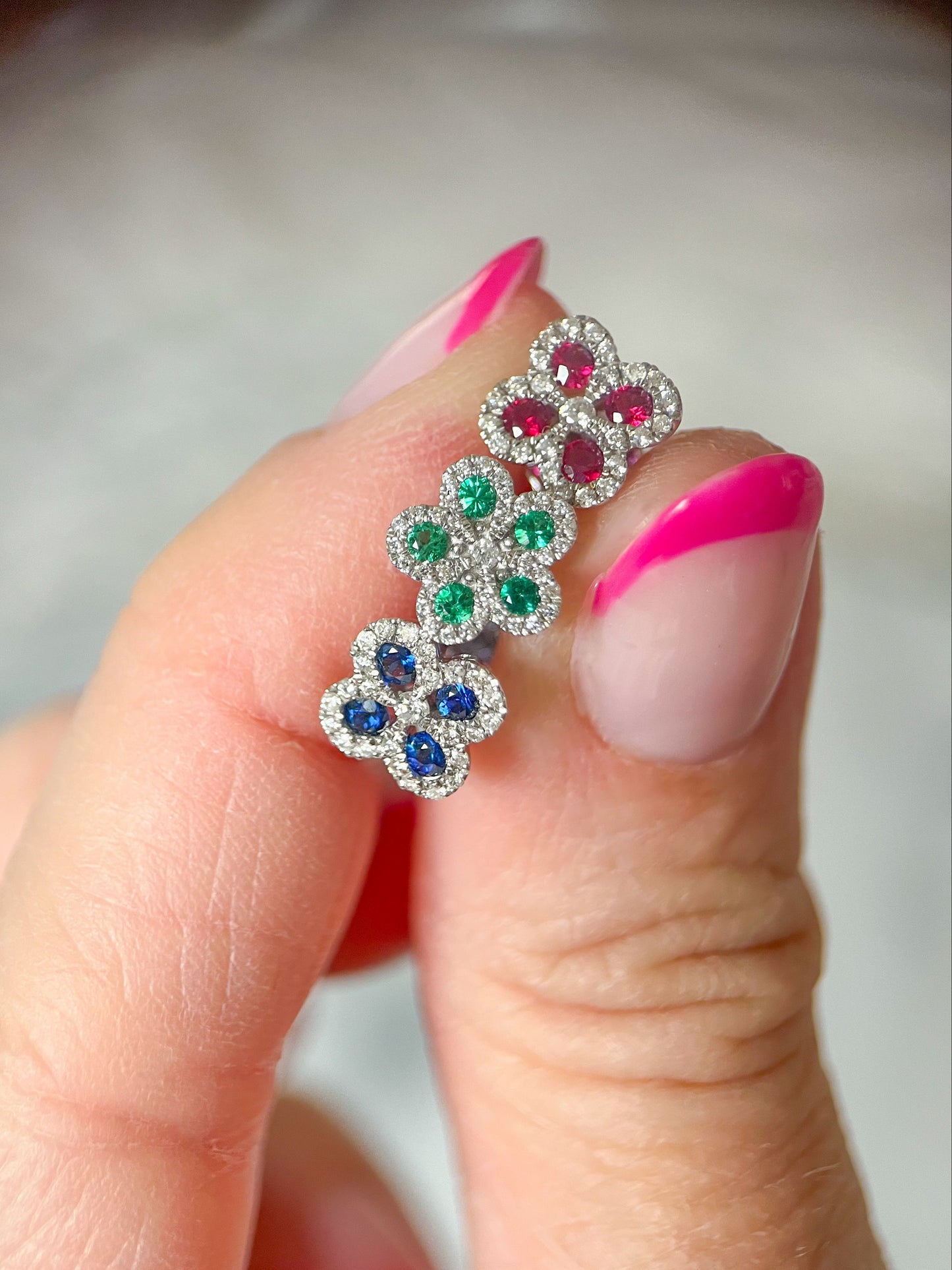 Natural Ruby, Sapphire, Emerald and Diamond 14k White Gold Flower Stud Earrings