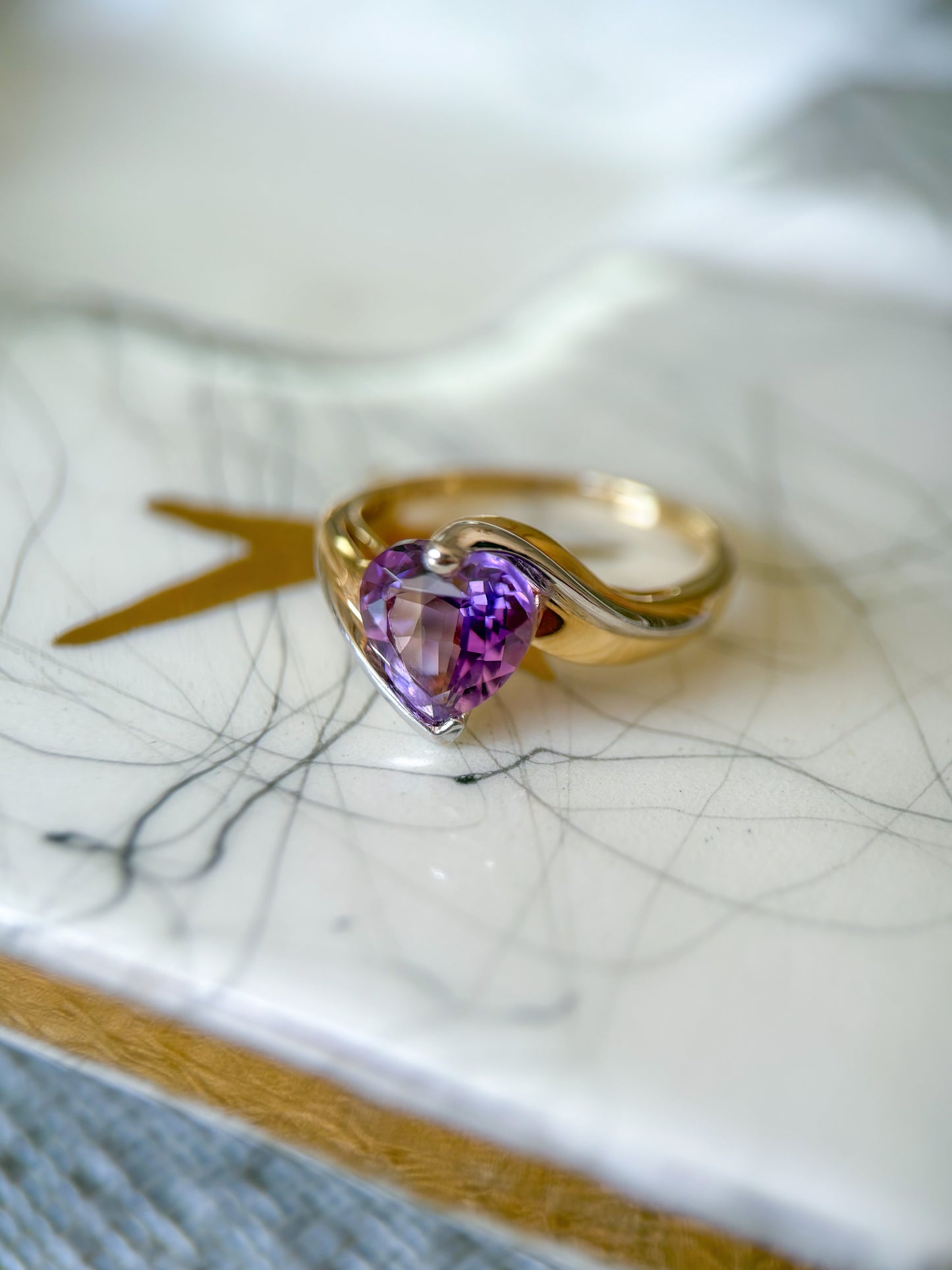 Vintage Semi Precious Amethyst 10k Yellow and White Gold Ring