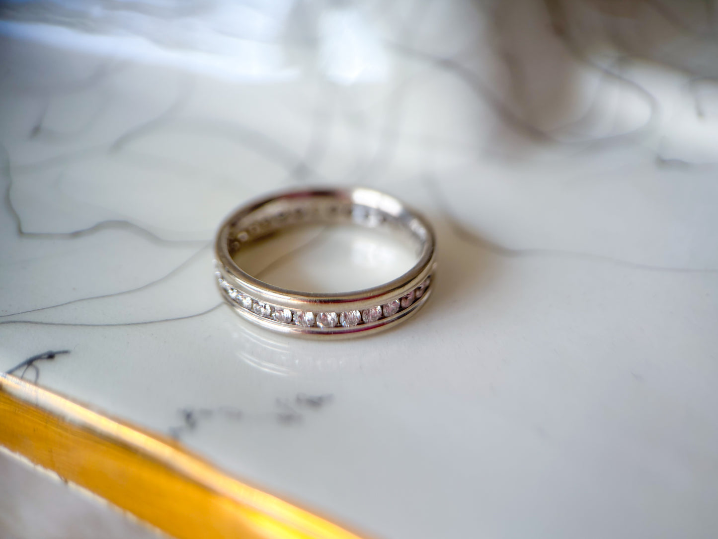 Vintage Natural Round Channel Setting 14k White Gold Eternity Band, Size 6.25