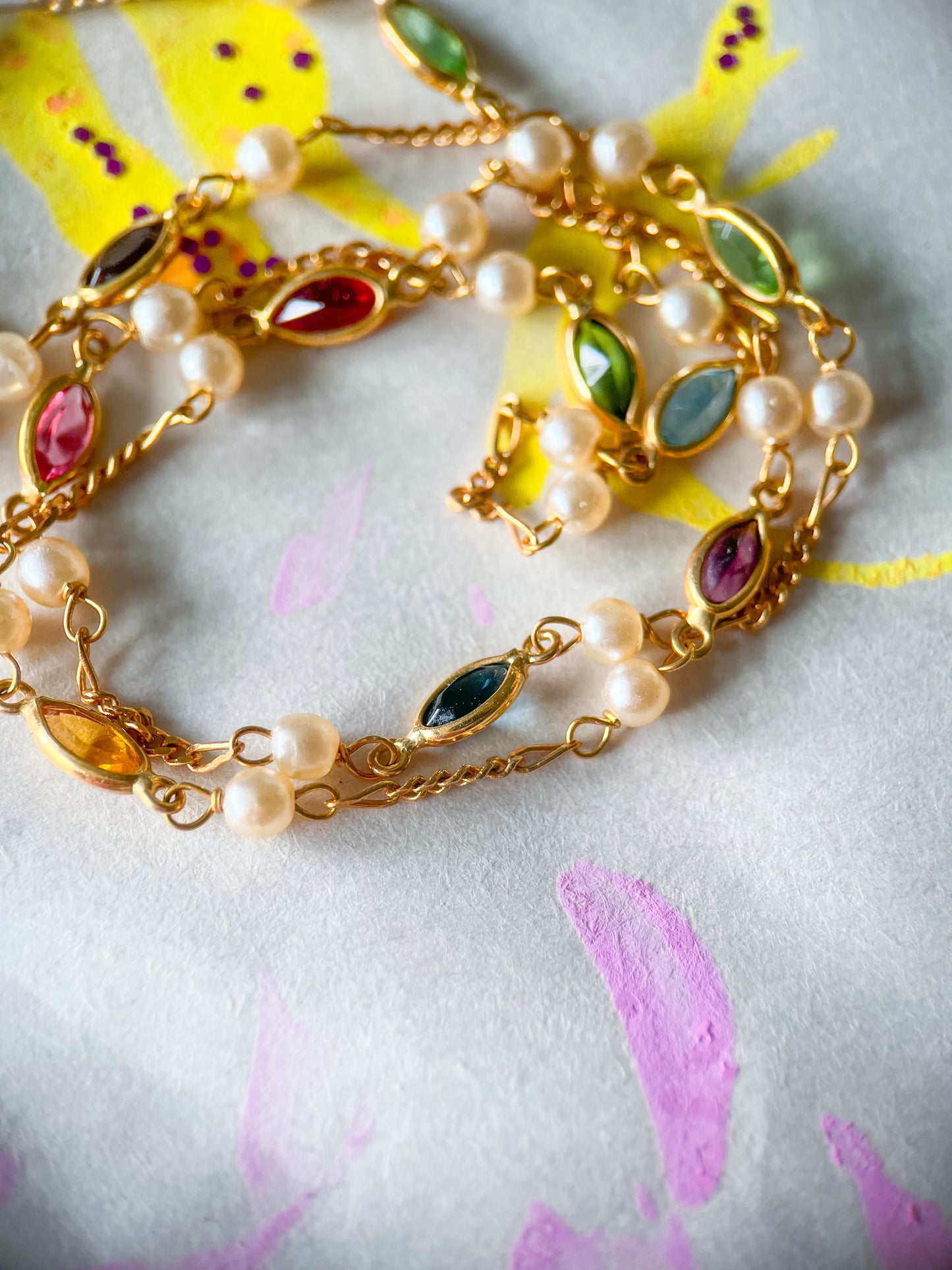 Vintage Pearl and Natural Gemstone 18k Yellow Gold 16 Inch Chain Necklace