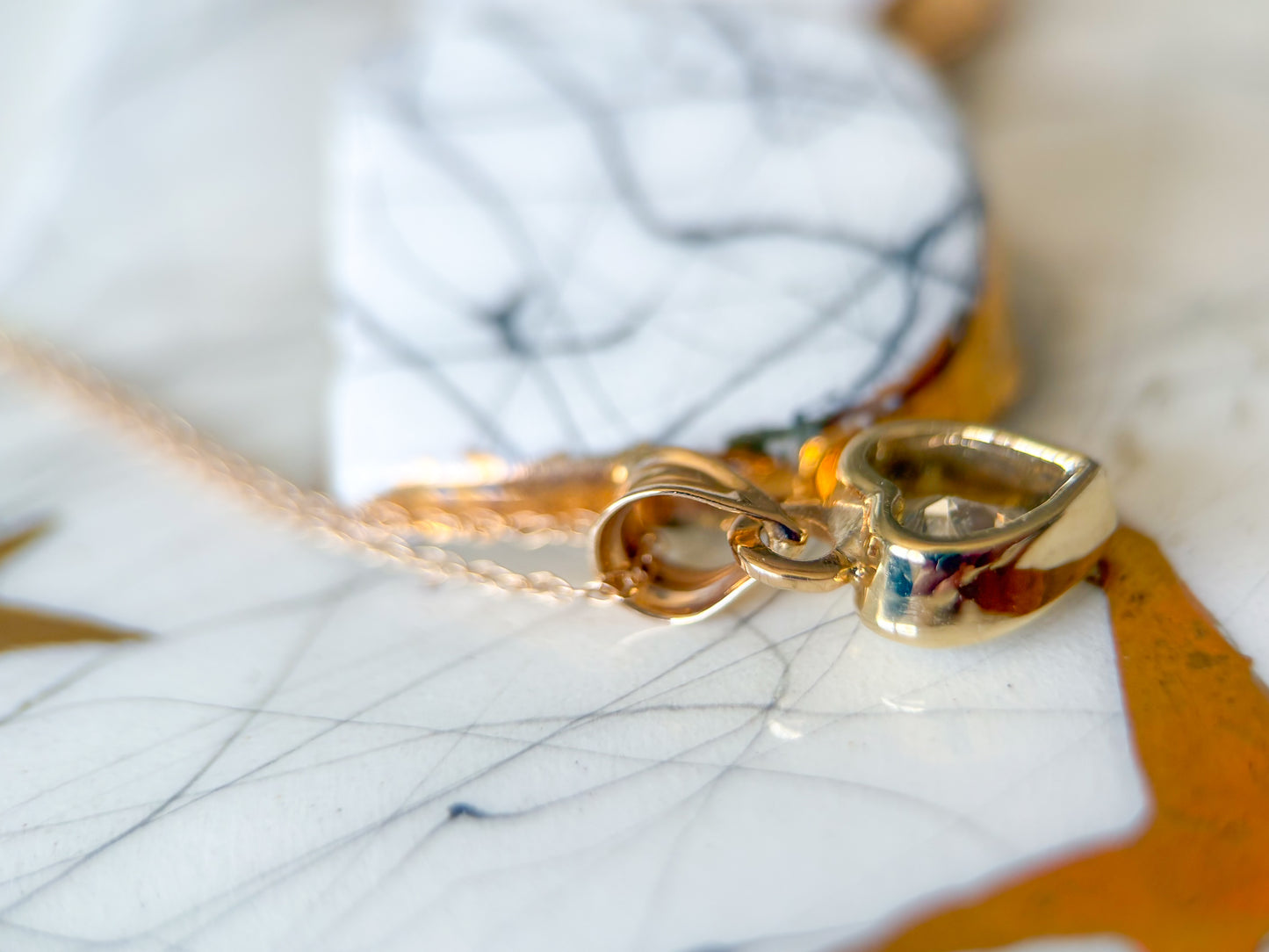 Vintage Bezel Set Natural Heart Shaped Diamond with 14k Yellow Gold Chain