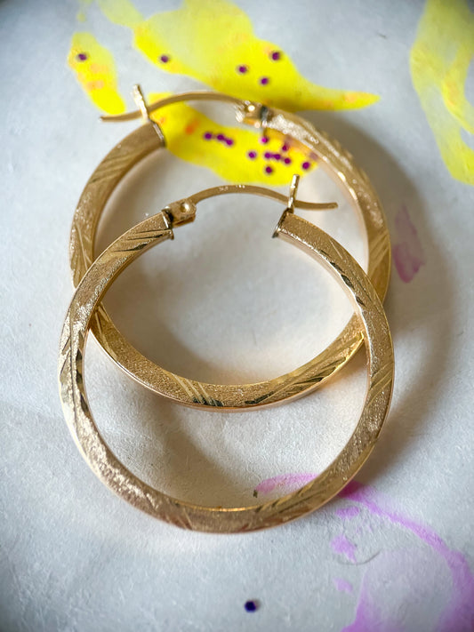 Vintage Decorative Square Tube Hoop 14k Yellow Gold Earrings