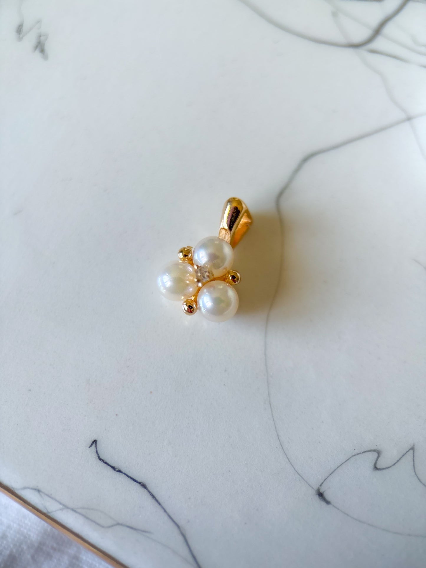 Vintage Pearl and Natural Diamond Cluster 14k Yellow Gold Charm