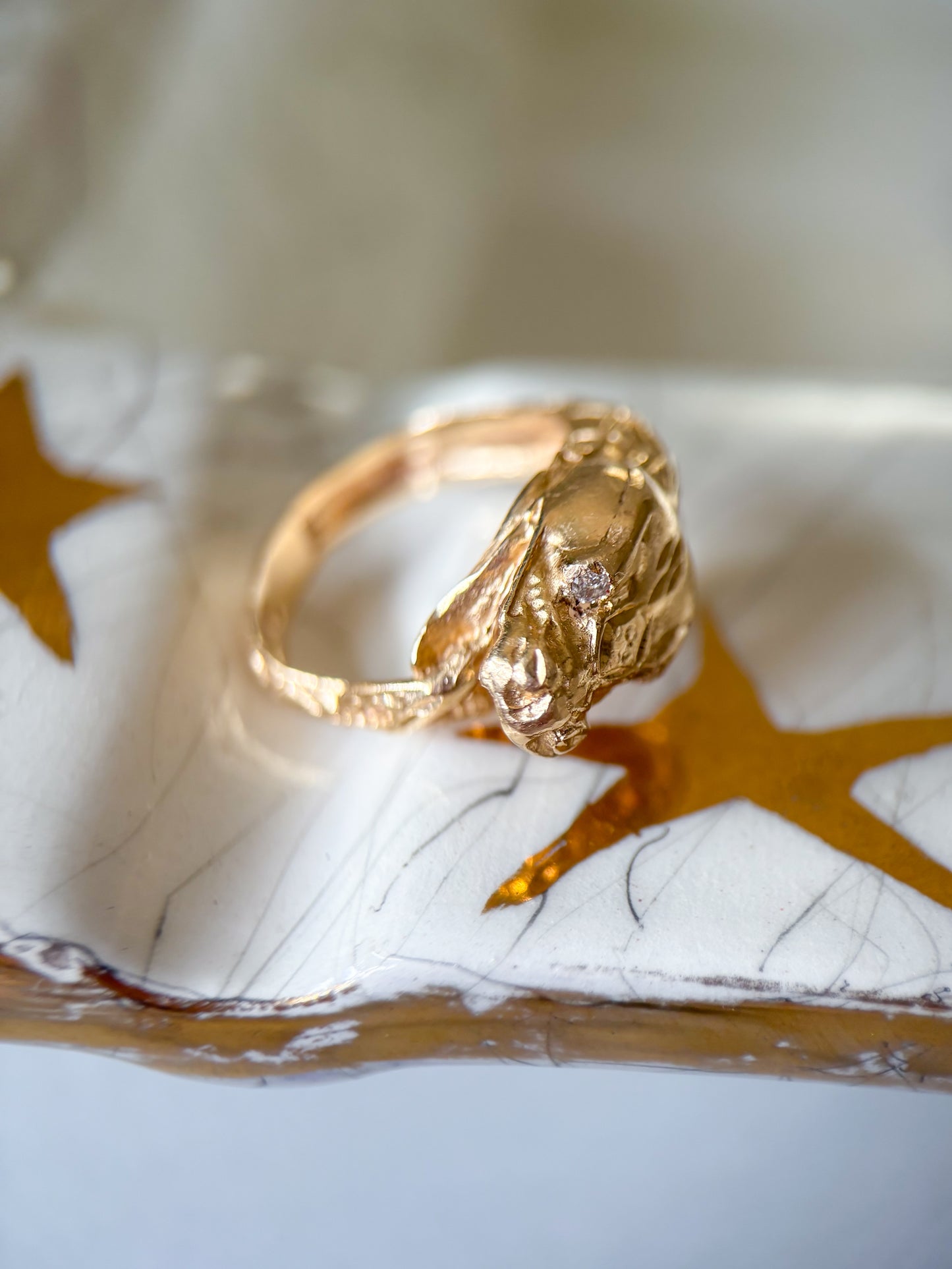 Vintage Snake with Natural Diamond Eyes 14k Yellow Gold Ring