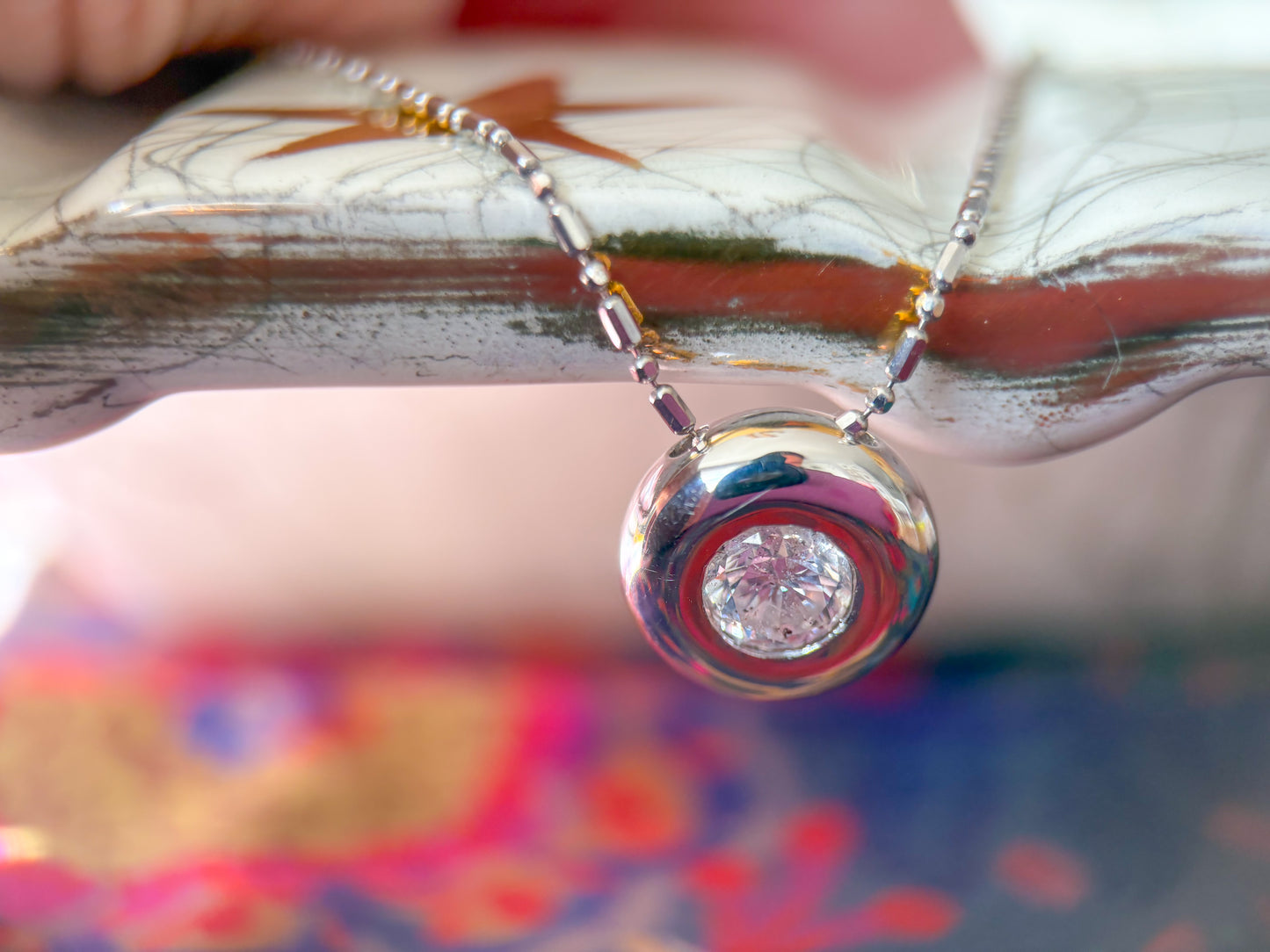 Vintage Bezel Set Natural Diamond Pendant 14k White Gold Charm with Ball Chain