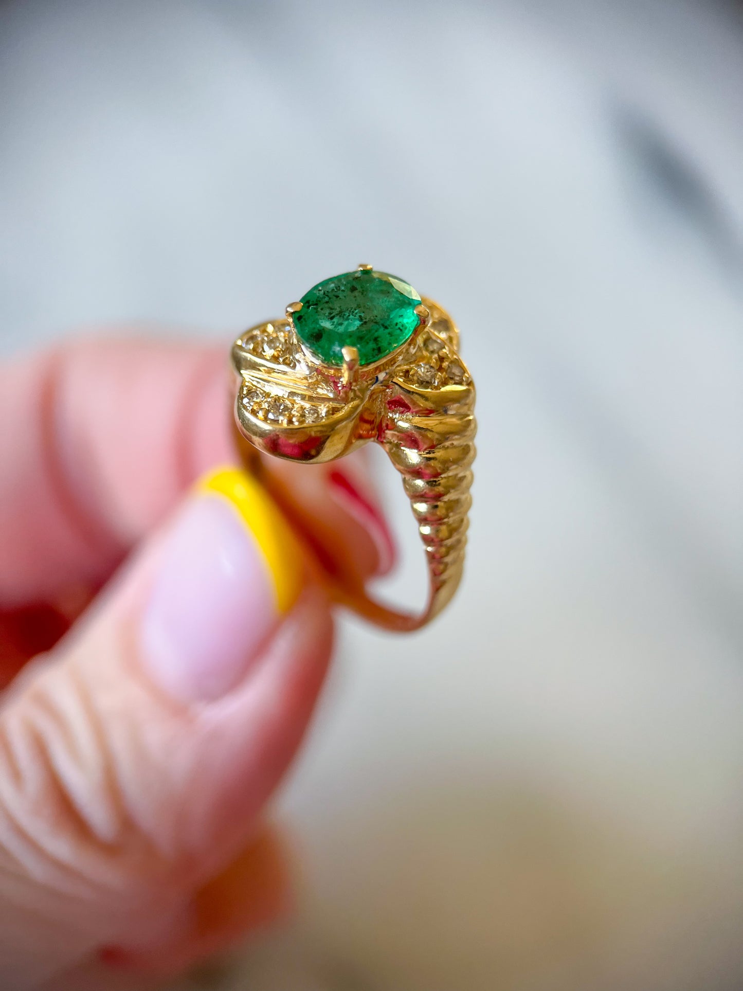Vintage Natural Emerald and Diamond 14k Yellow Gold Ring
