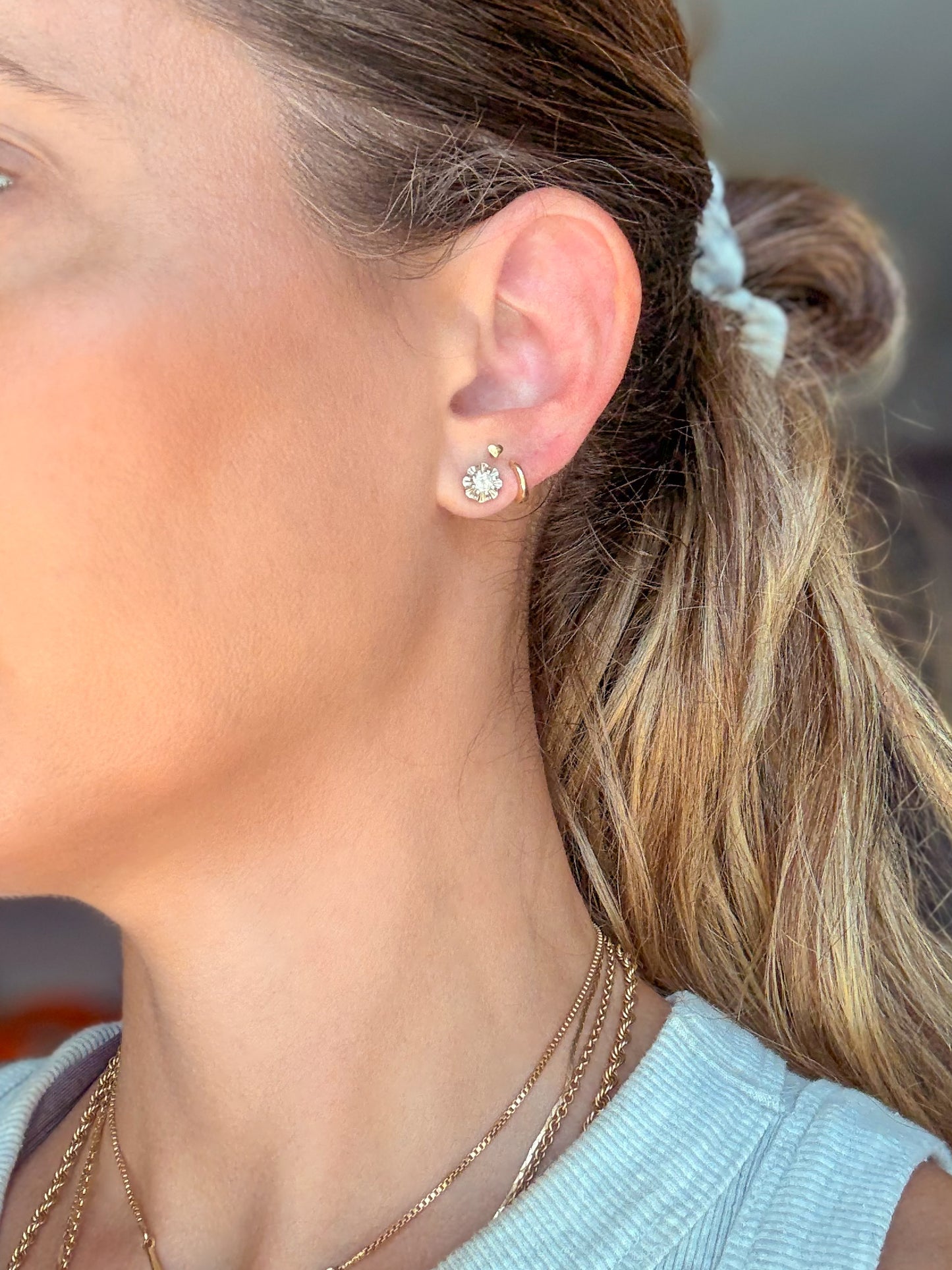 Vintage Natural Diamond Flower 14k White Gold Stud Earrings