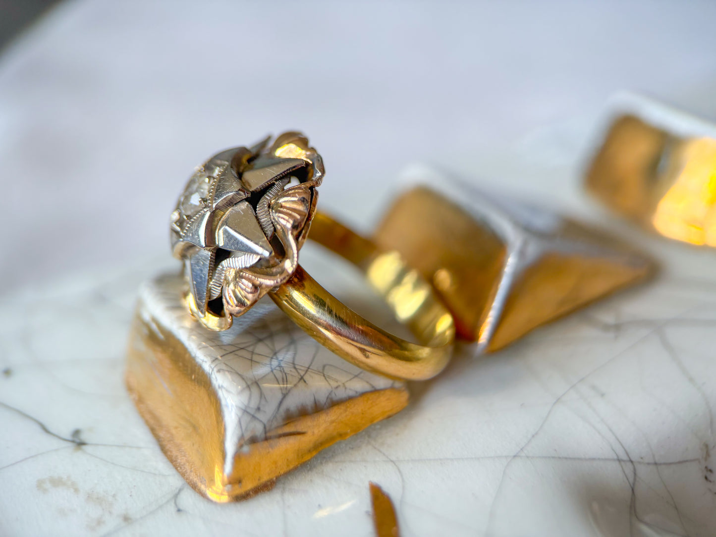 Vintage Donut Band 18k Yellow Gold Statement Ring with CZ
