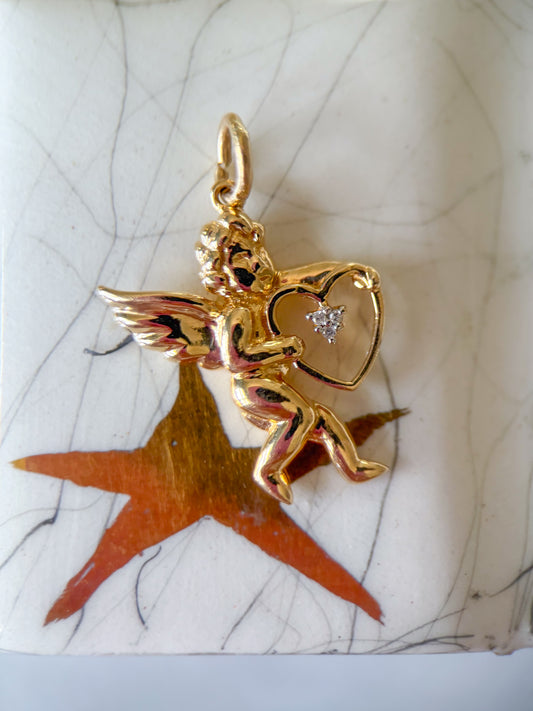Vintage Cupid Natural Diamonds 14k Yellow Gold Charm