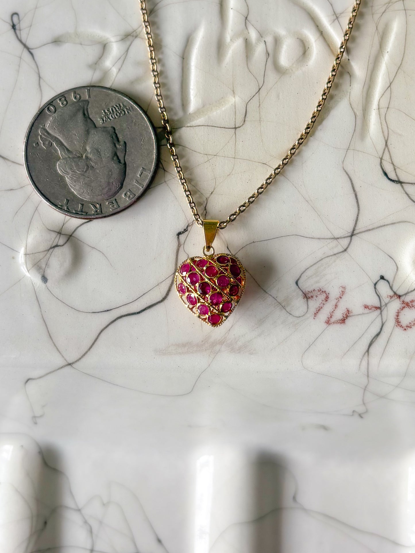 Vintage Natural Ruby Puffy Heart 18k Yellow Gold Charm, Circa 1990's