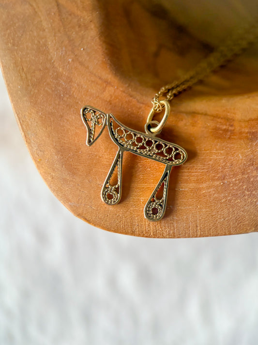 Vintage Filigree Chai 14k Yellow Gold Charm