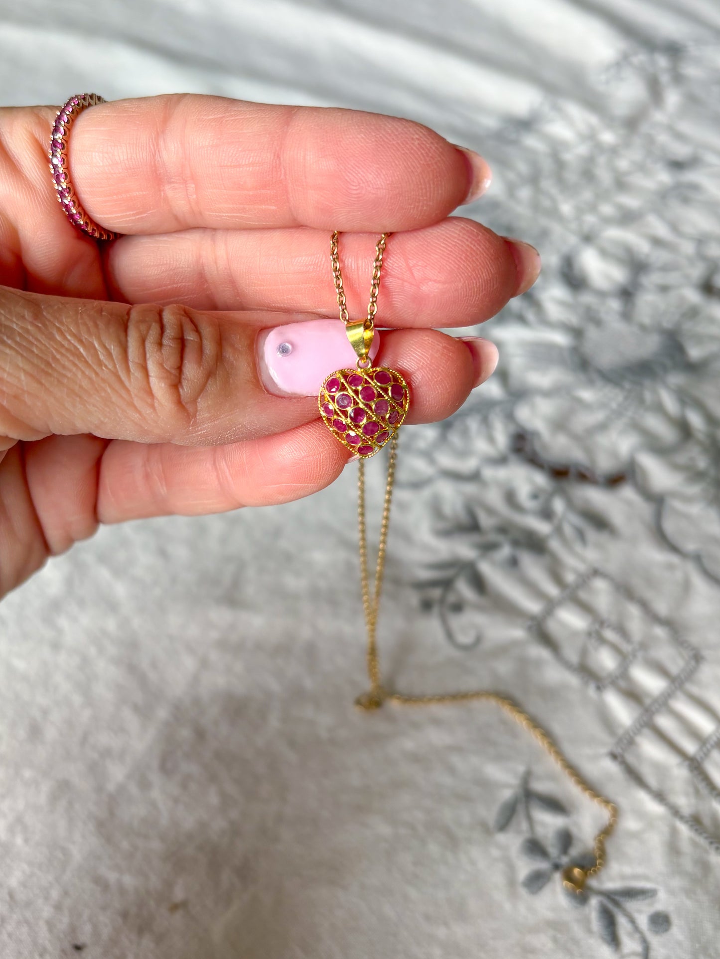 Vintage Natural Ruby Puffy Heart 18k Yellow Gold Charm, Circa 1990's