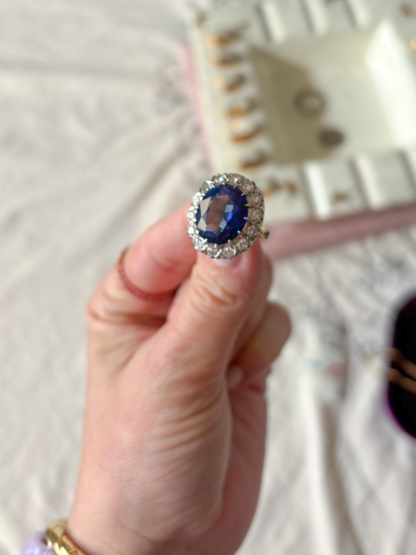 Vintage Natural Diamond and Blue Stone 10k White Gold Statement Ring