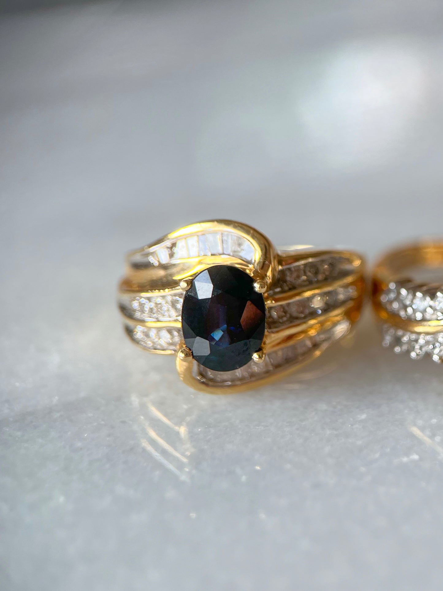 Vintage Natural Sapphire and Natural Diamond 14k Yellow Gold Rings