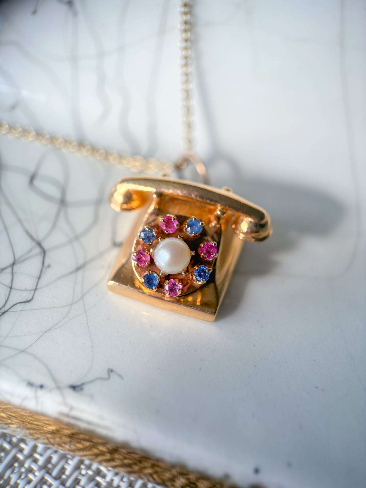 Vintage Telephone with Natural Rubies, Sapphires and a Pearl 14k Yellow Gold Charm