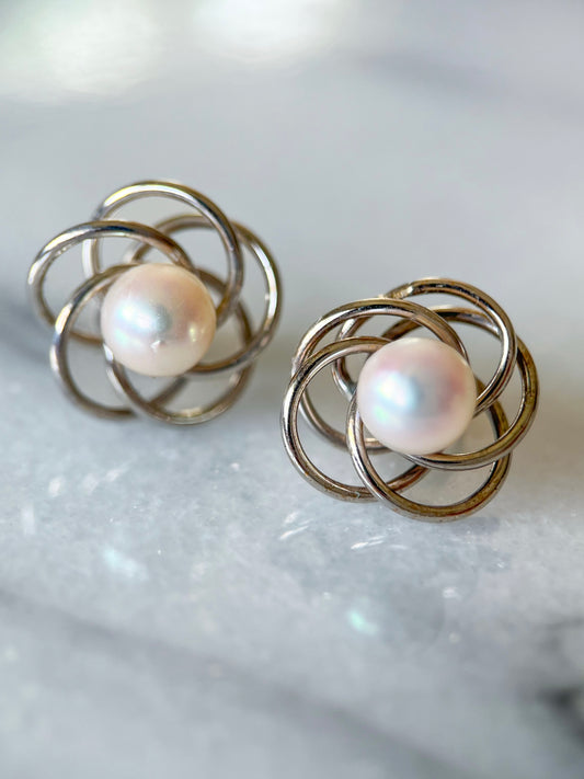 Vintage Pearl and Knot 14k White Gold Stud Earrings