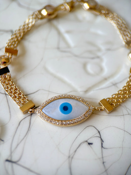 Evil Eye 10k Yellow Gold 7 Inch Byzantine Bracelet