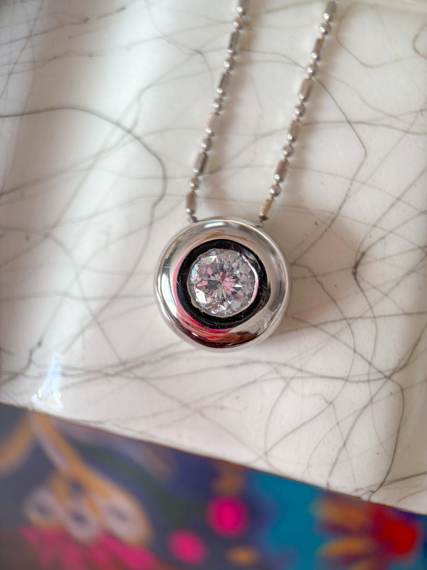 Vintage Bezel Set Natural Diamond Pendant 14k White Gold Charm with Ball Chain