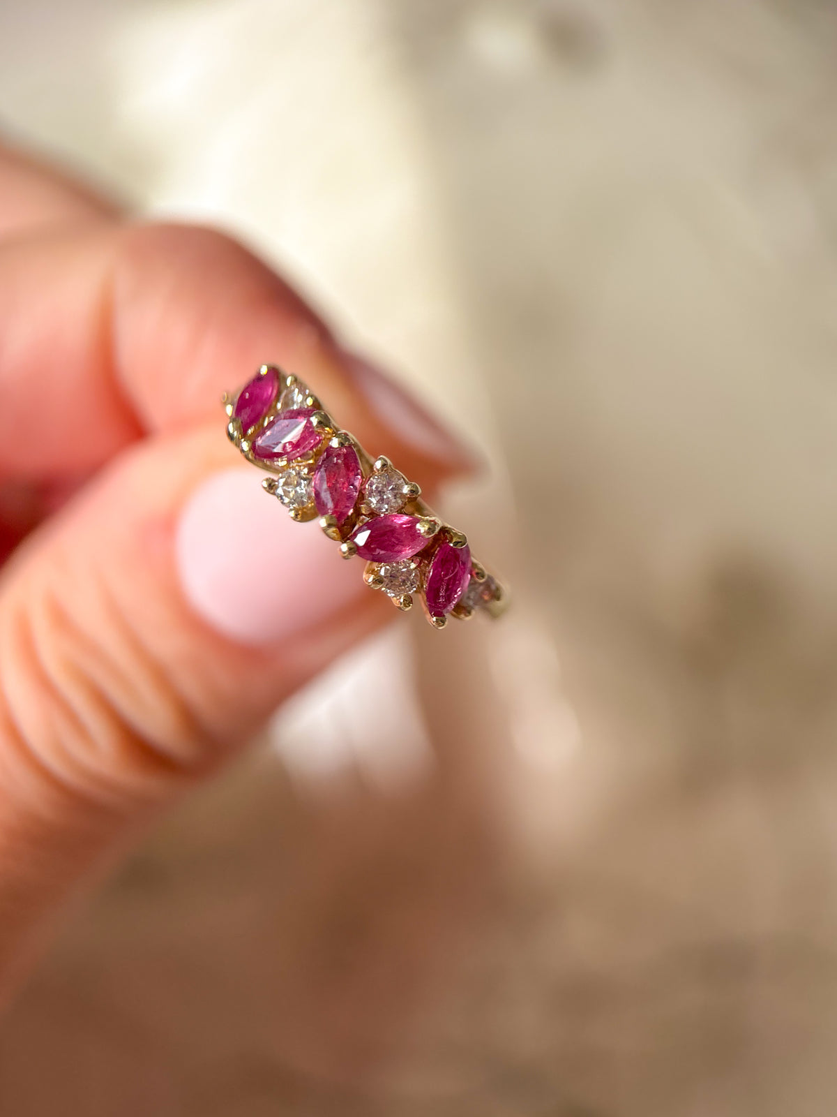 Vintage Natural Ruby and Natural Diamond Cluster 14k Yellow Gold Ring