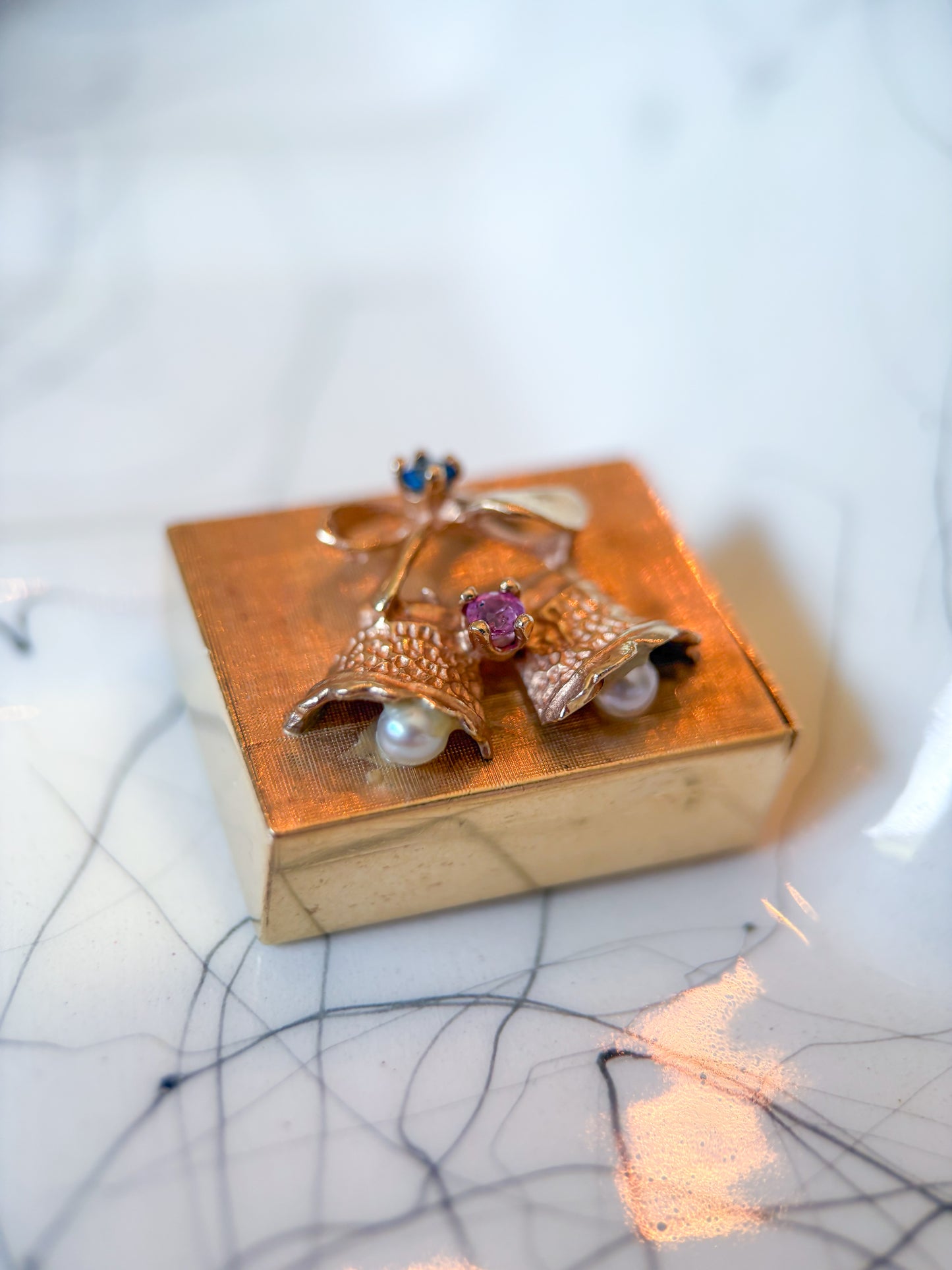 Vintage Music Box 14k Yellow Gold and Pearls Ruby and Sapphire, circa 1950s