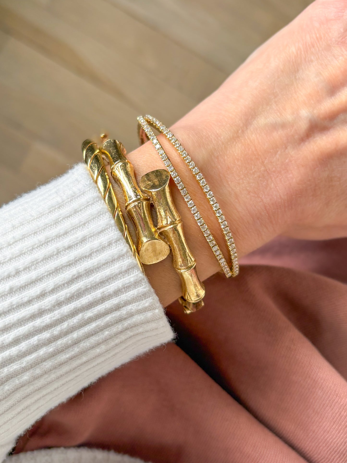 Vintage Natural Diamond 14k Yellow Gold Open Bangle