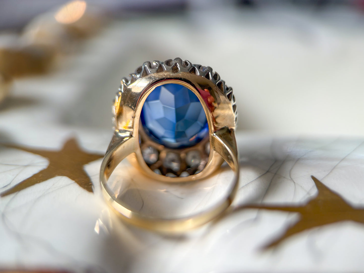 Vintage Natural Diamond and Blue Stone 10k White Gold Statement Ring