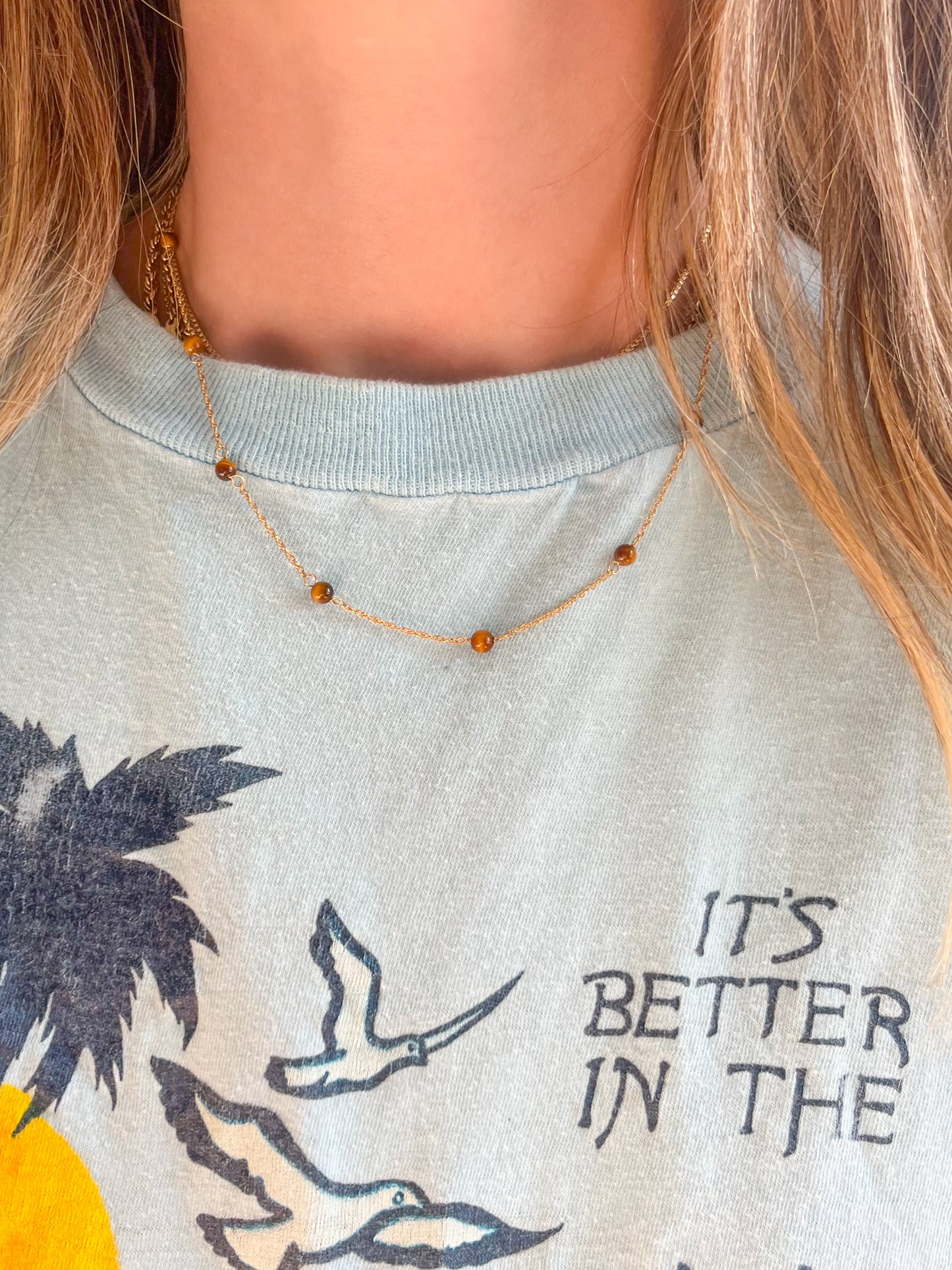 Vintage Tigers Eye Chain 14k Yellow Gold 16 Inch Necklace