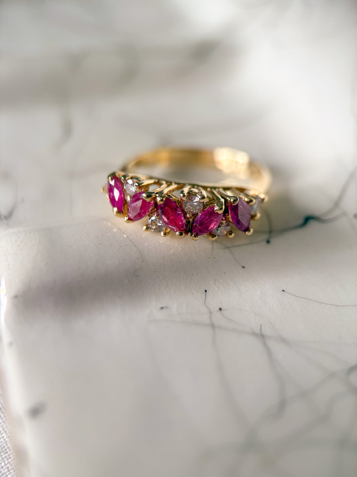 Vintage Natural Ruby and Natural Diamond Cluster 14k Yellow Gold Ring