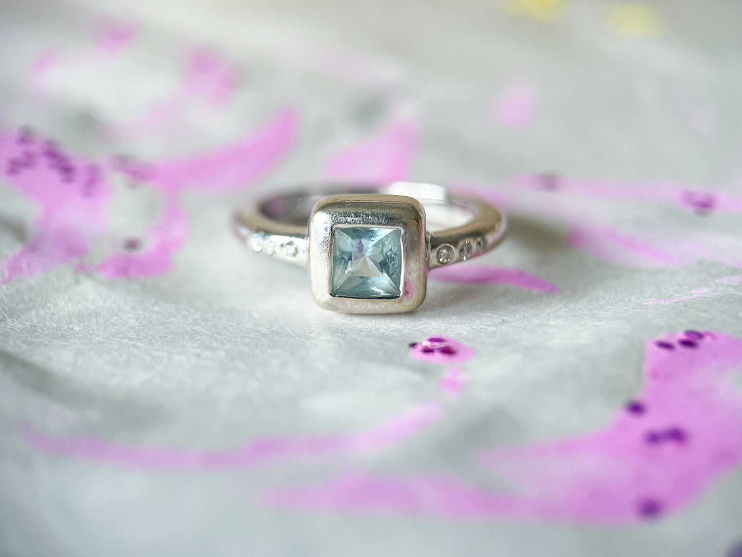 Vintage Natural Aquamarine and Diamond 14k White Gold Ring
