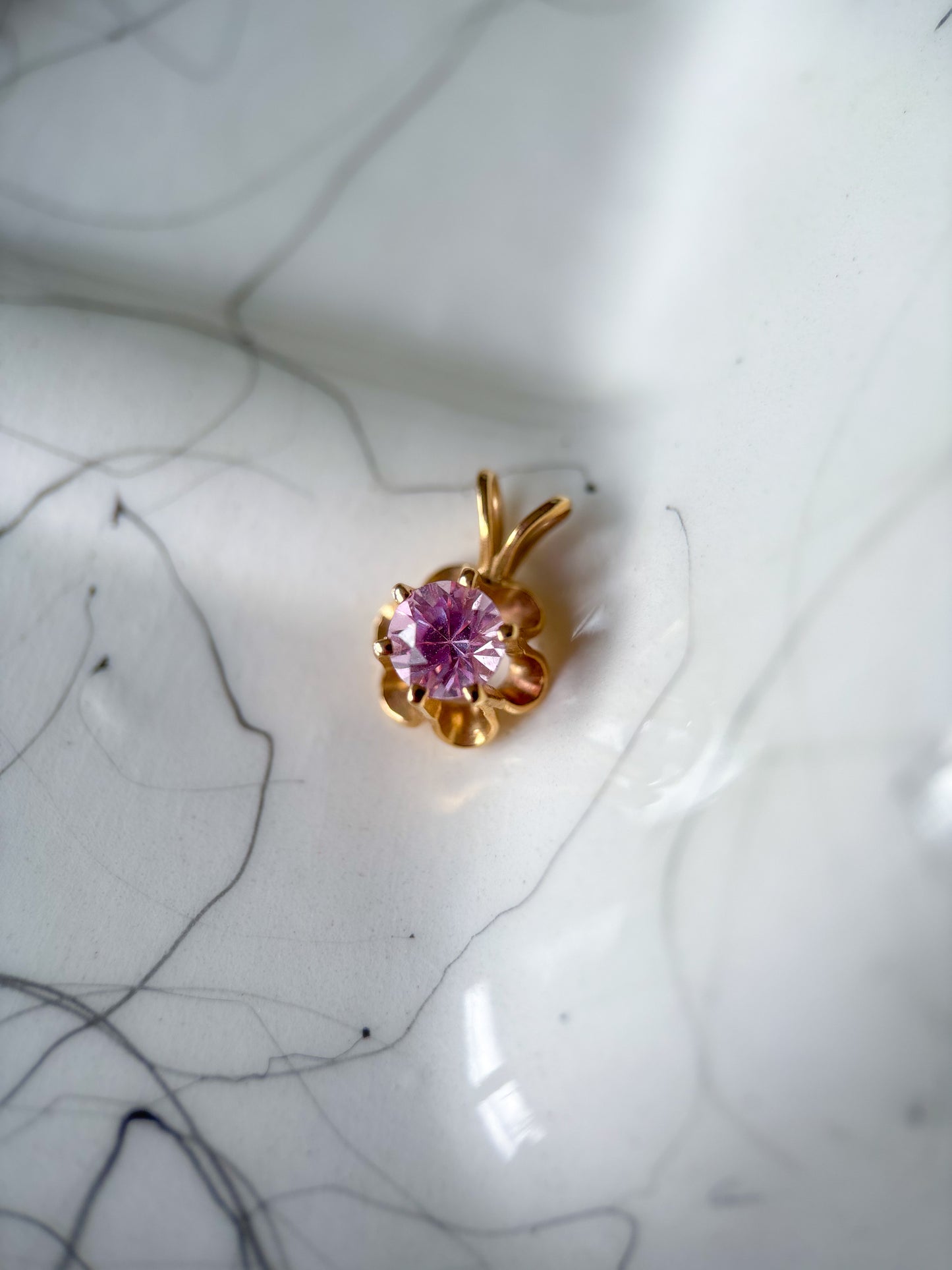 Vintage Pink Stone Flower 14k Yellow Gold Charm