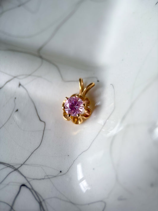 Vintage Pink Stone Flower 14k Yellow Gold Charm