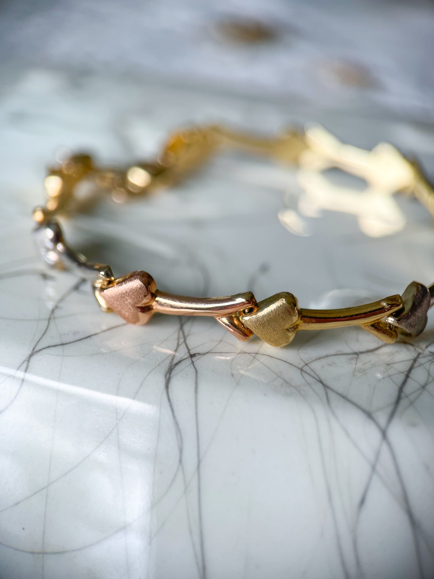 Tri Color White, Rose, Yellow Gold Heart 7.5 Inch Bracelet