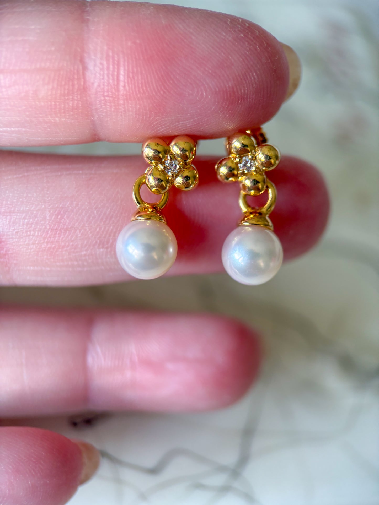 Vintage Natural Diamond and Pearl 18k Yellow Gold Drop Earrings