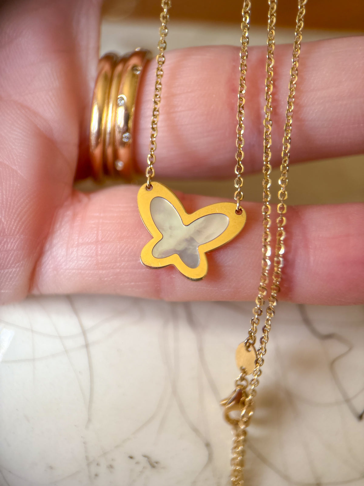 Vintage Mother of Pearl Butterfly Charm on 14k Yellow Gold Chain